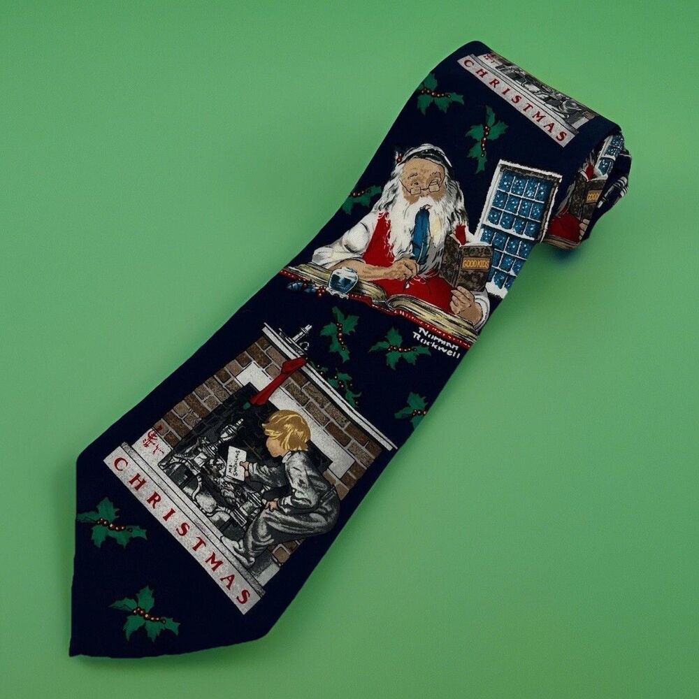 Vtg Norman Rockwell Santa and Boy Christmas Men's All Silk Necktie Holiday's EUC